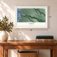 Caspar, California map, 12 x 18 inch print in a white frame in an entryway
