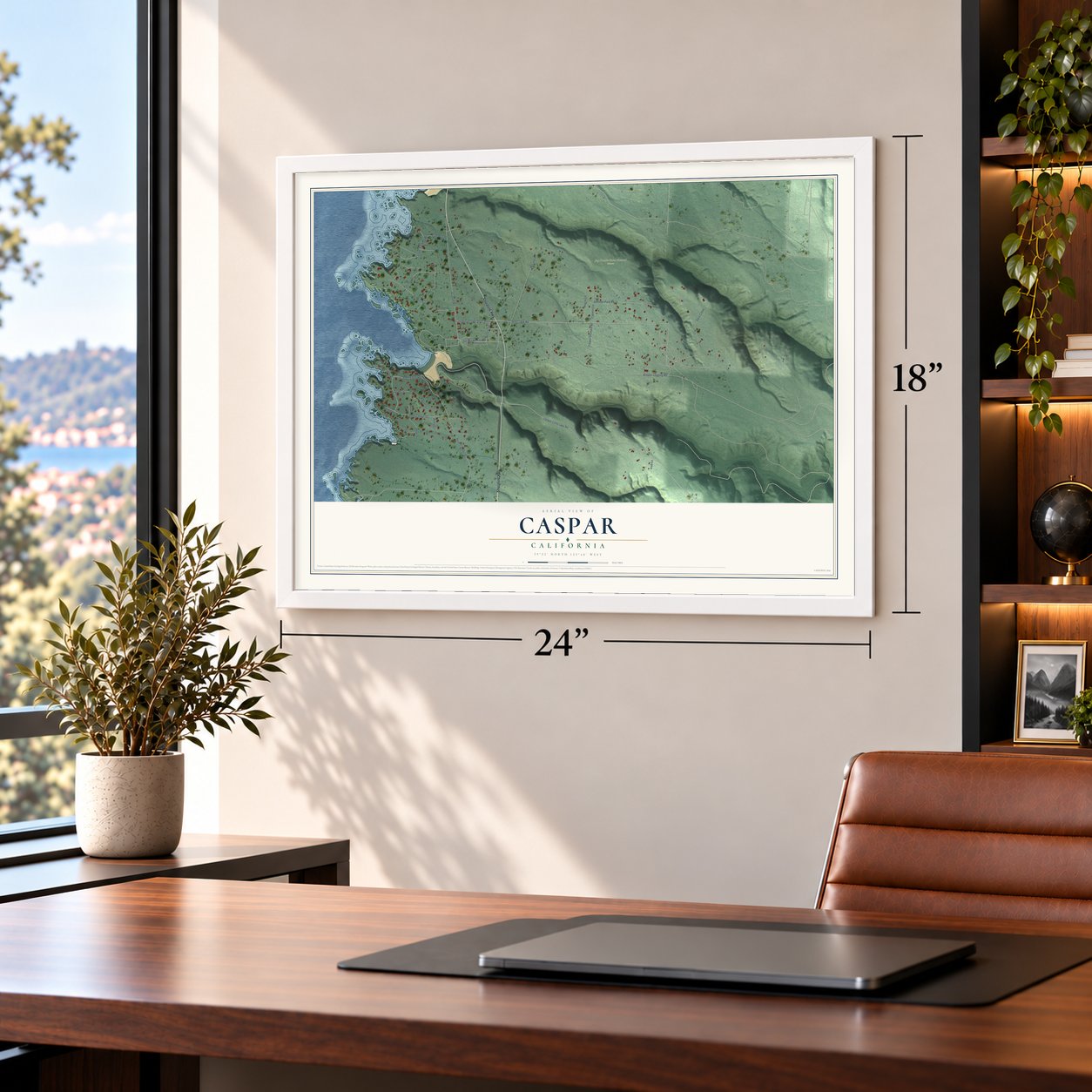 Caspar, California map, 18 x 24 inch print in a white frame in a home office