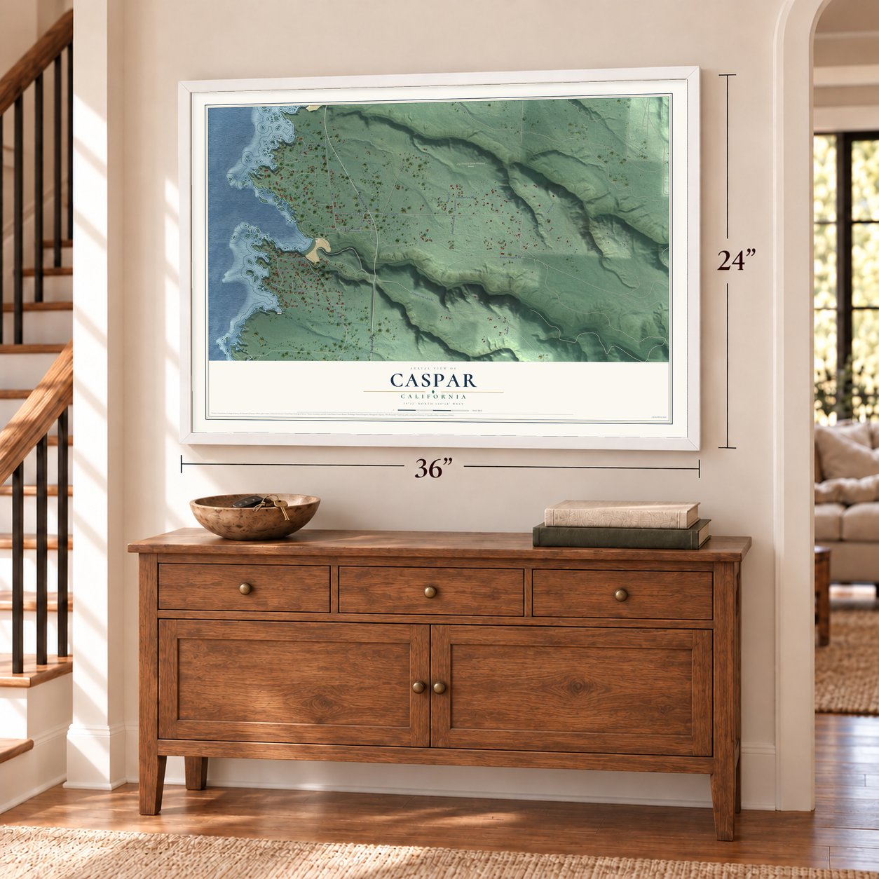 Caspar, California map, 24 x 36 inch print in a white frame above a dresser by a staircase