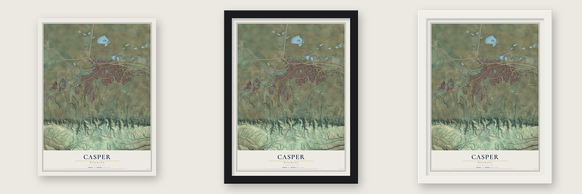 Casper, Wyoming map unframed, in a black wood frame and in a white wood frame