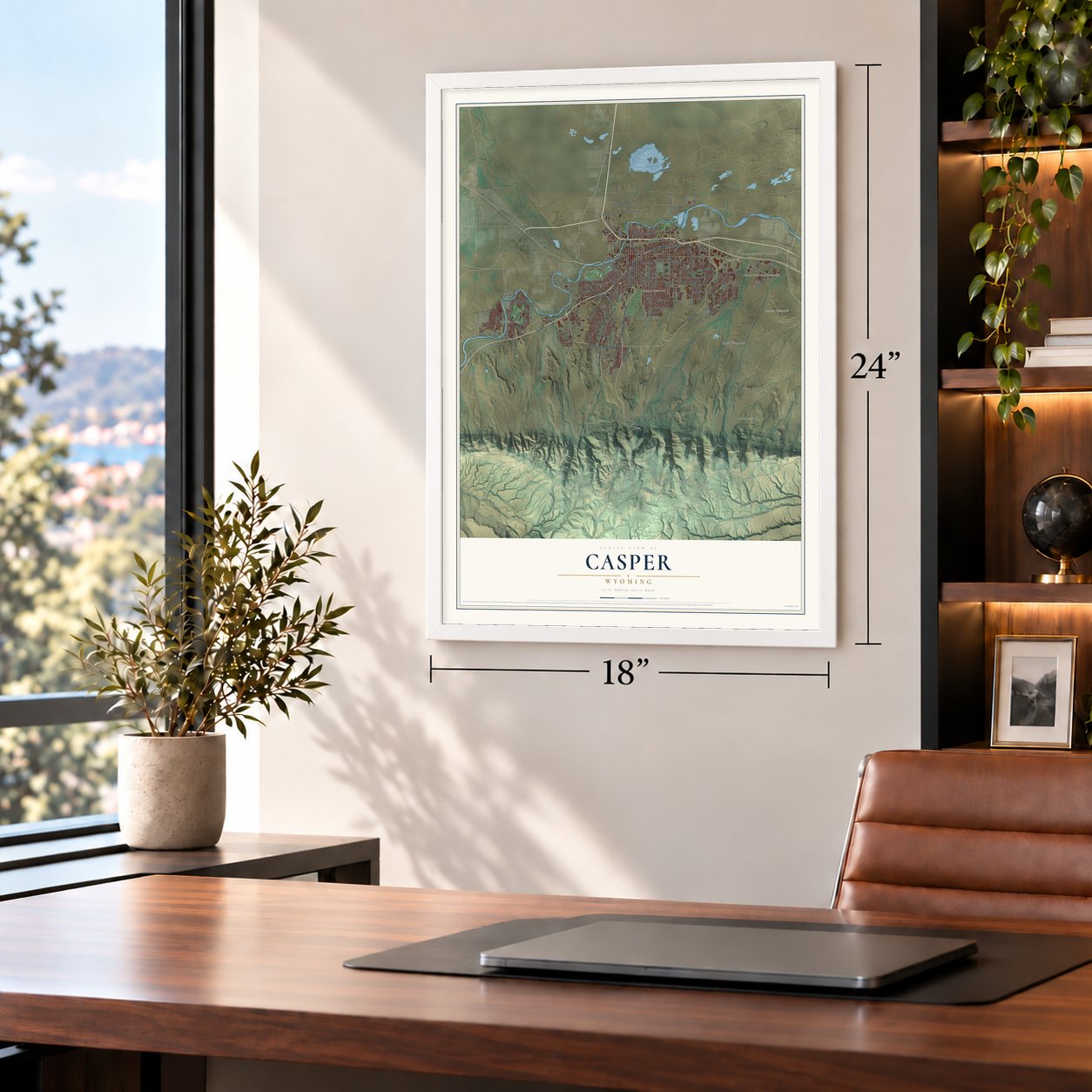 Casper, Wyoming map, 18 x 24 inch print in a white frame in a home office
