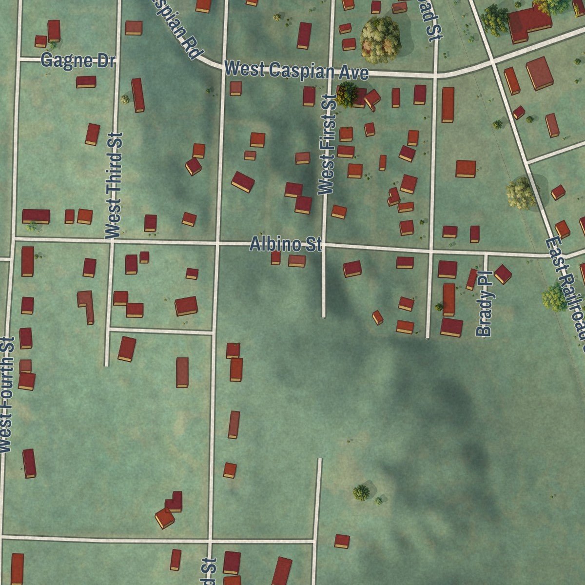 Second close-up of the map of Caspian, Michigan print showing more streets and buildings