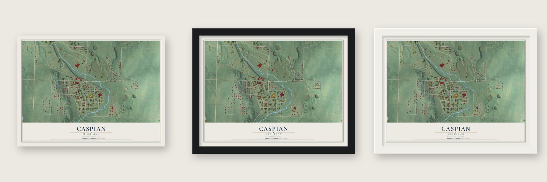 Caspian, Michigan map unframed, in a black wood frame and in a white wood frame