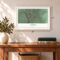 Caspian, Michigan map, 12 x 18 inch print in a white frame in an entryway