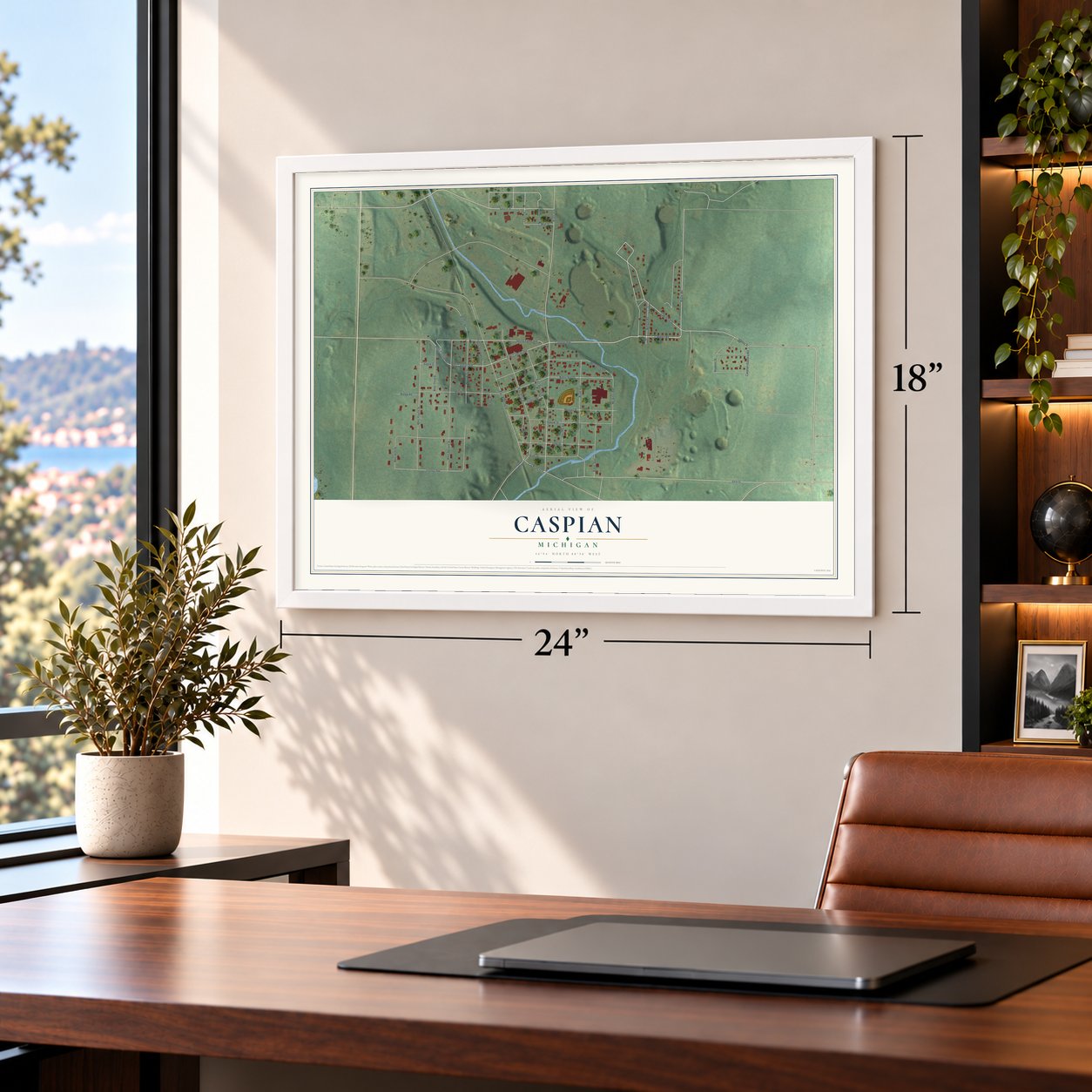Caspian, Michigan map, 18 x 24 inch print in a white frame in a home office