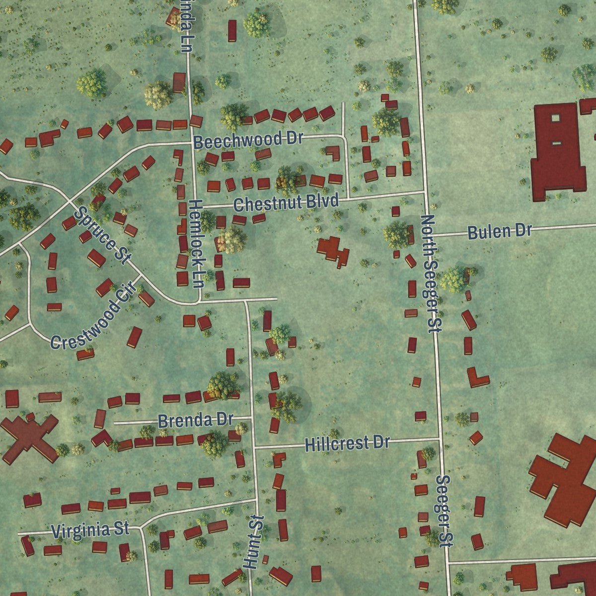 Second close-up of the map of Cass City, Michigan print showing more streets and buildings