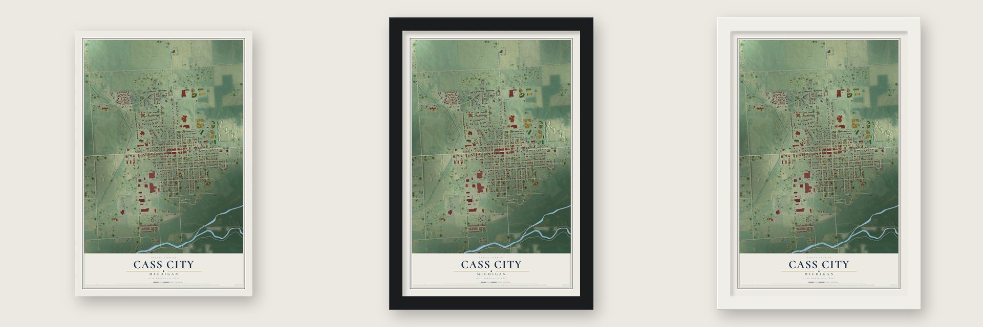 Cass City, Michigan map unframed, in a black wood frame and in a white wood frame