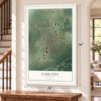 Cass City, Michigan map, 24 x 36 inch print in a white frame by a staircase