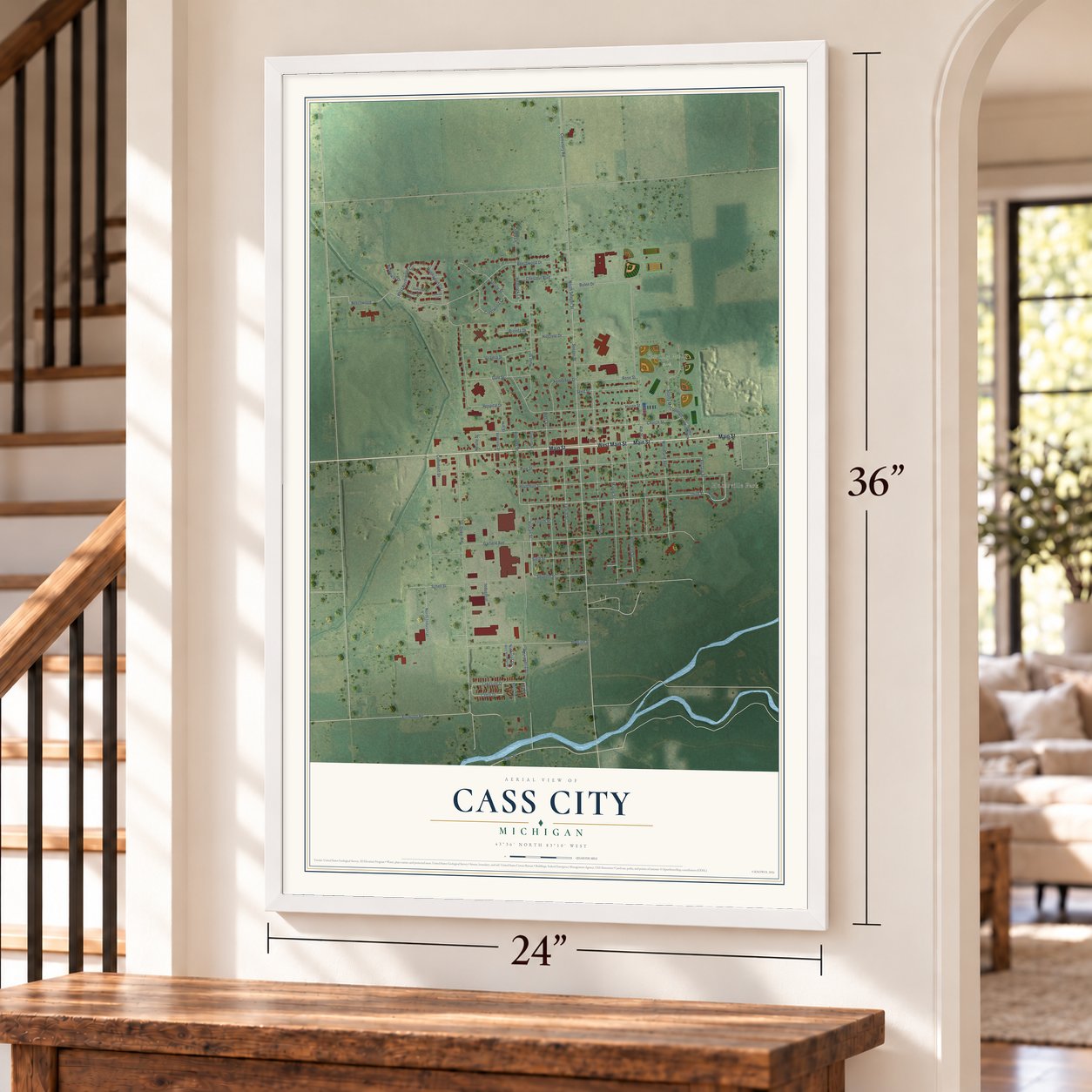 Cass City, Michigan map, 24 x 36 inch print in a white frame by a staircase
