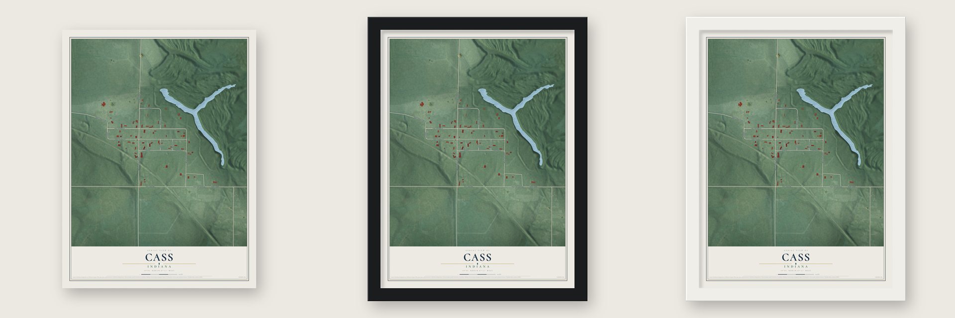 Cass, Indiana map unframed, in a black wood frame and in a white wood frame