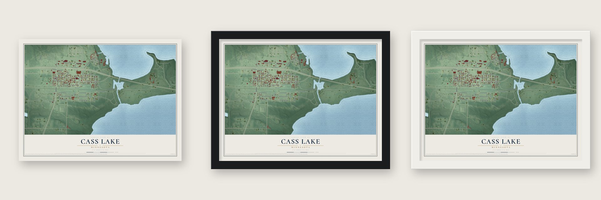 Cass Lake, Minnesota map unframed, in a black wood frame and in a white wood frame