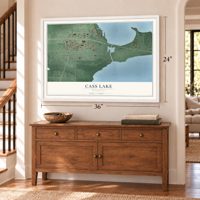 Cass Lake, Minnesota map, 24 x 36 inch print in a white frame above a dresser by a staircase