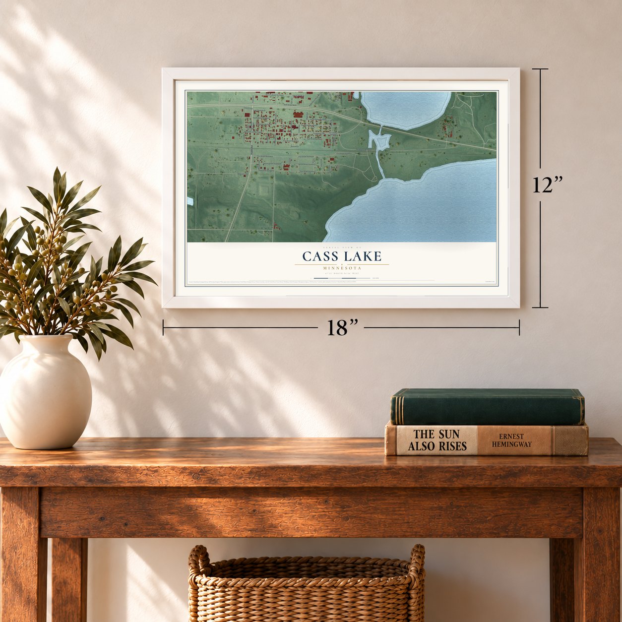 Cass Lake, Minnesota map, 12 x 18 inch print in a white frame in an entryway