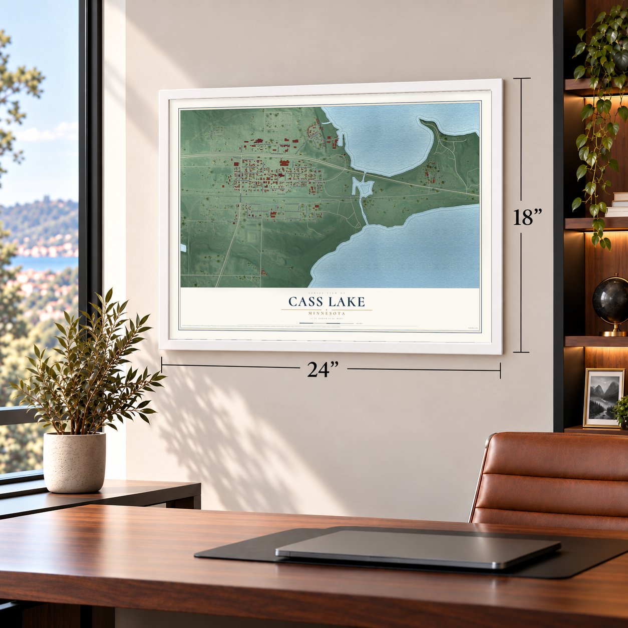 Cass Lake, Minnesota map, 18 x 24 inch print in a white frame in a home office