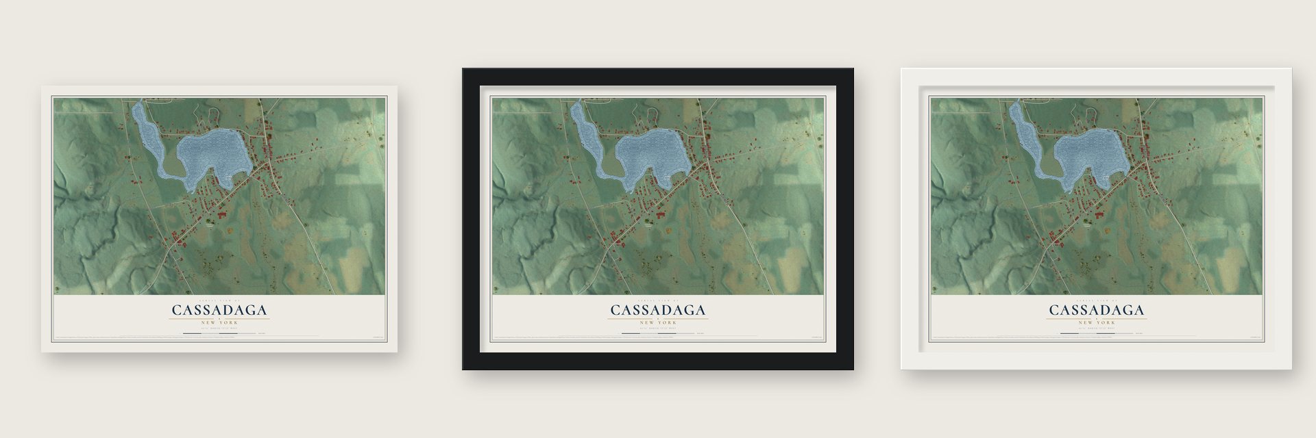 Cassadaga, New York map unframed, in a black wood frame and in a white wood frame