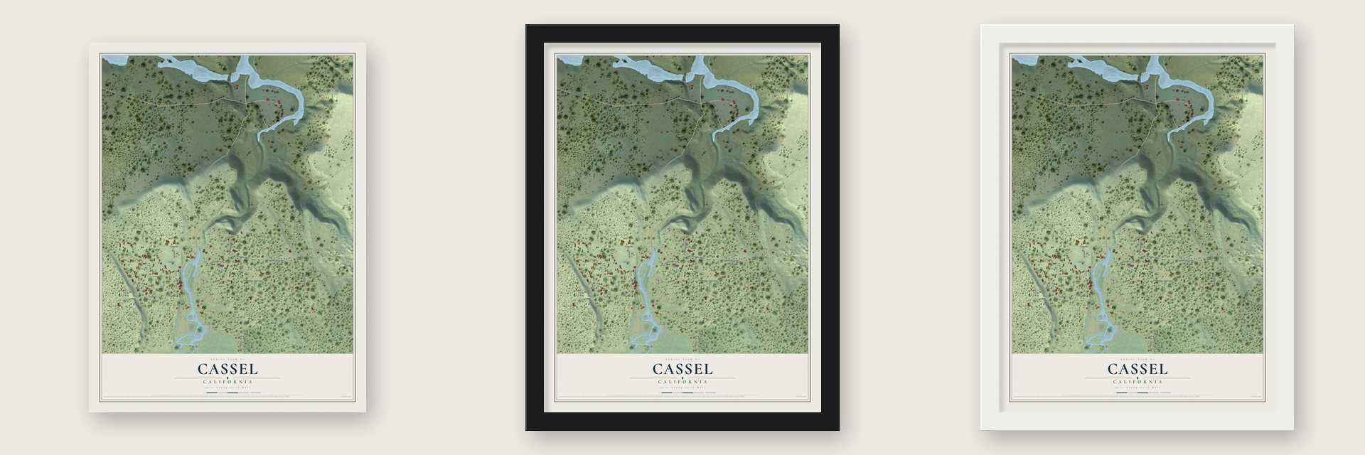 Cassel, California map unframed, in a black wood frame and in a white wood frame