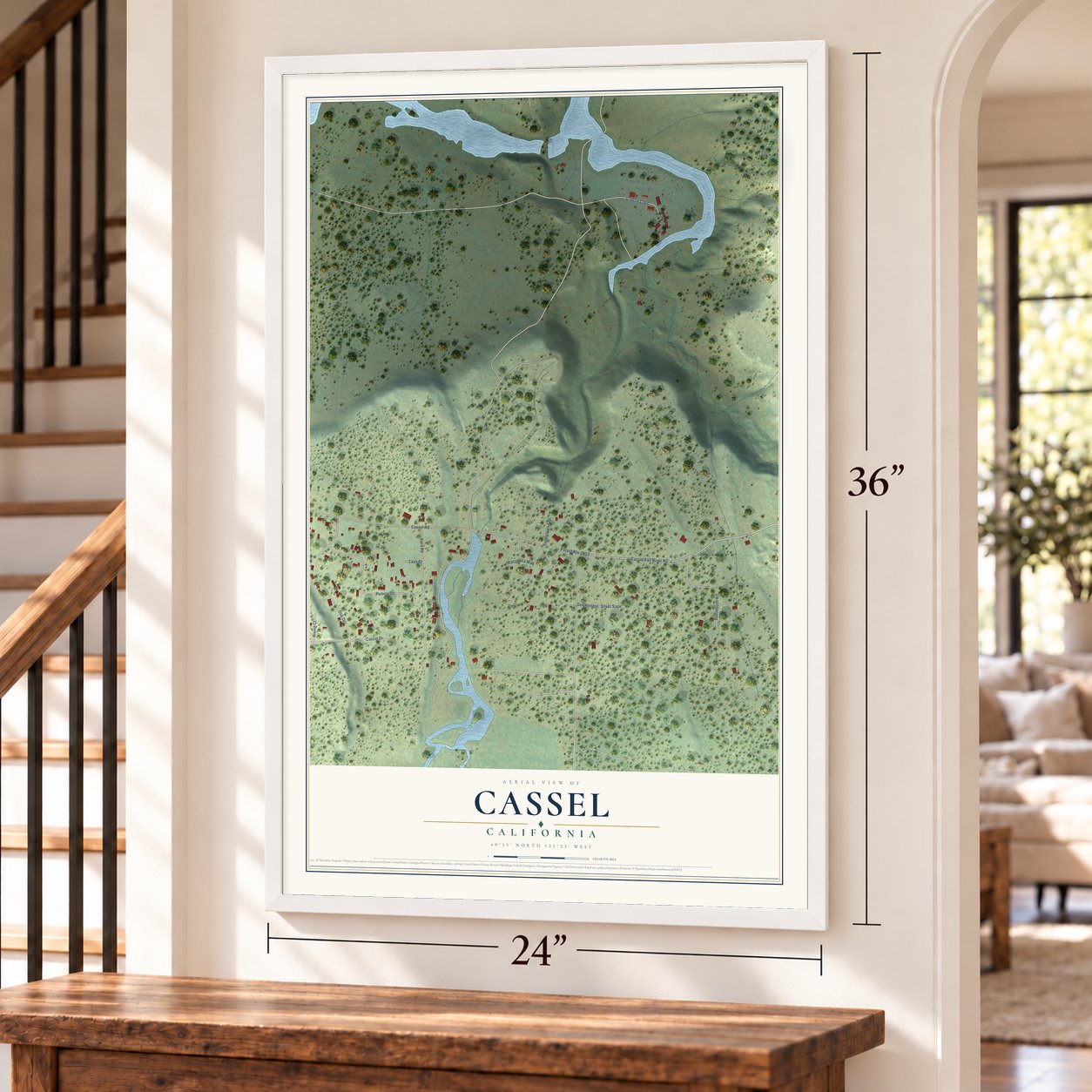 Cassel, California map, 24 x 36 inch print in a white frame by a staircase