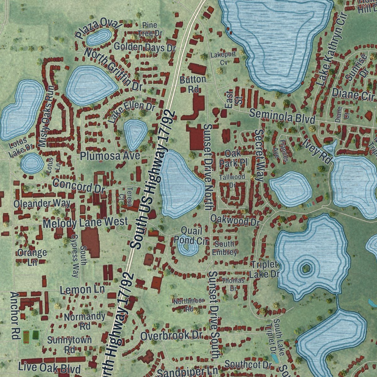 Second close-up of the map of Casselberry, Florida print showing more streets and buildings