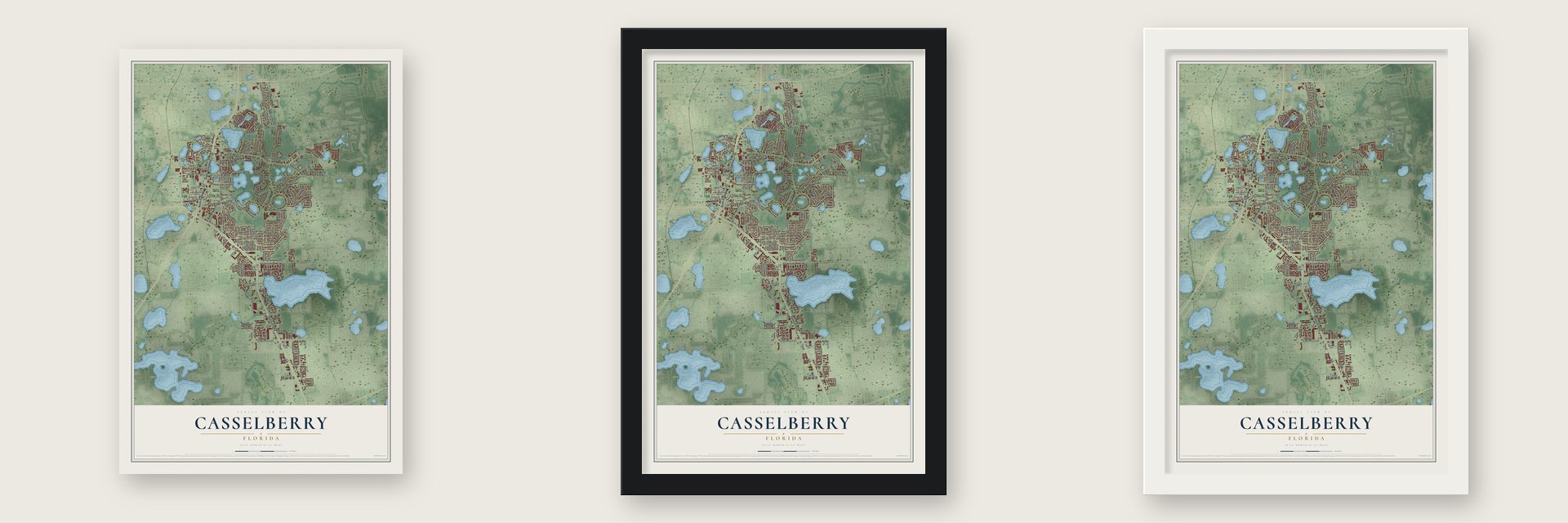 Casselberry, Florida map unframed, in a black wood frame and in a white wood frame