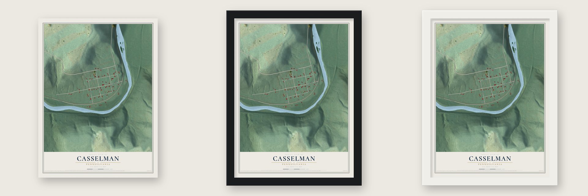 Casselman, Pennsylvania map unframed, in a black wood frame and in a white wood frame
