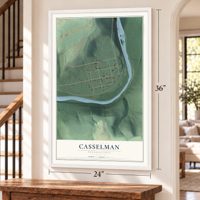 Casselman, Pennsylvania map, 24 x 36 inch print in a white frame by a staircase