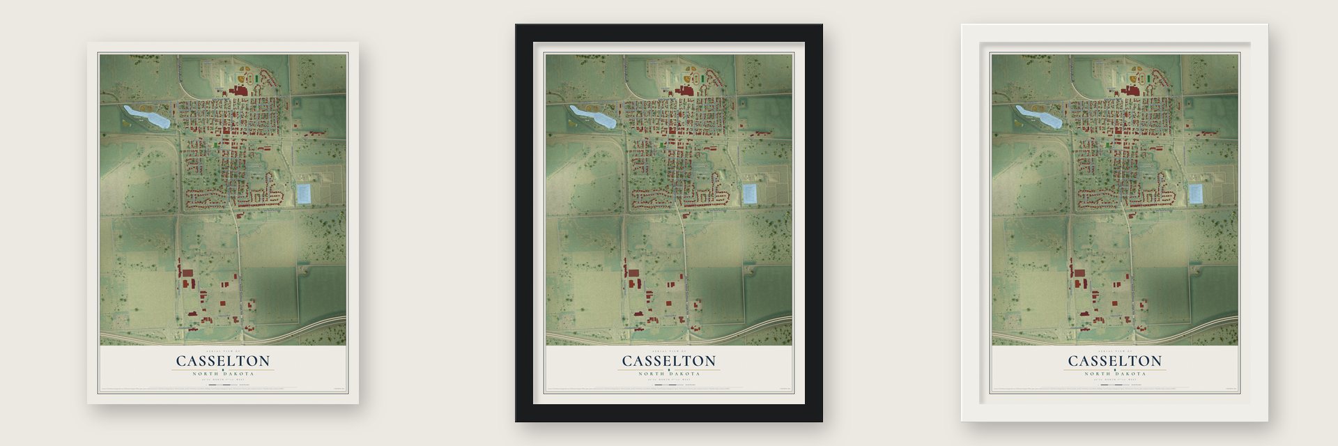 Casselton, North Dakota map unframed, in a black wood frame and in a white wood frame