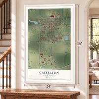 Casselton, North Dakota map, 24 x 36 inch print in a white frame by a staircase