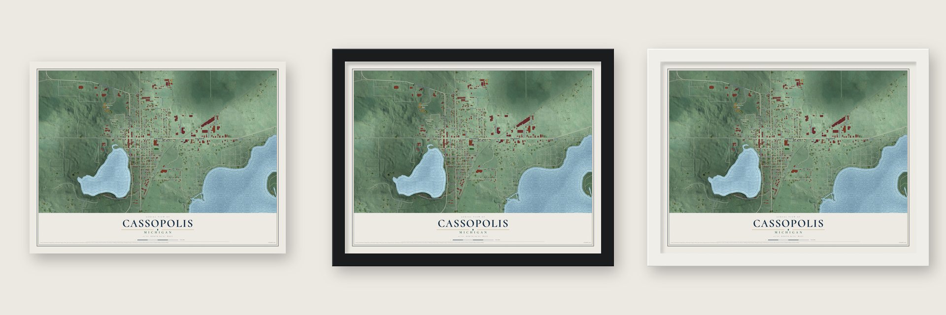 Cassopolis, Michigan map unframed, in a black wood frame and in a white wood frame