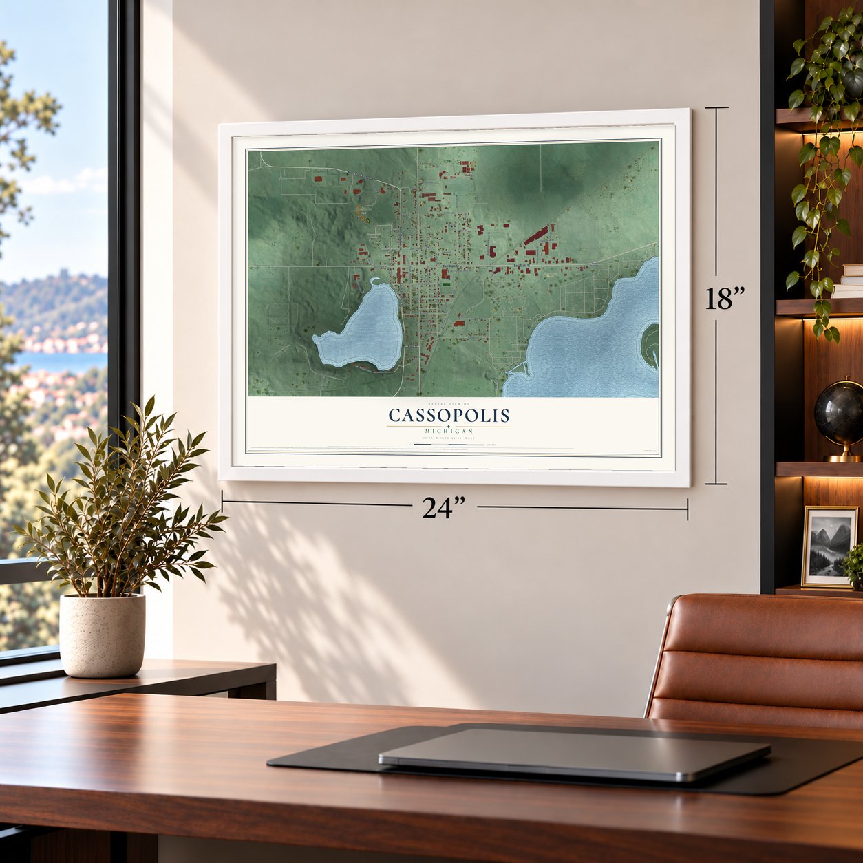 Cassopolis, Michigan map, 18 x 24 inch print in a white frame in a home office
