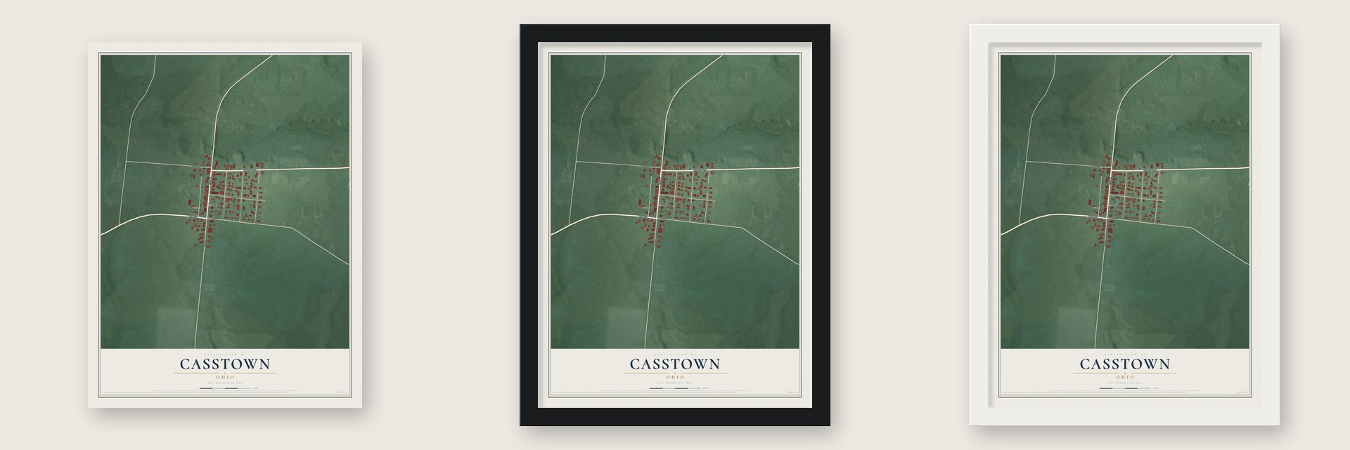 Casstown, Ohio map unframed, in a black wood frame and in a white wood frame