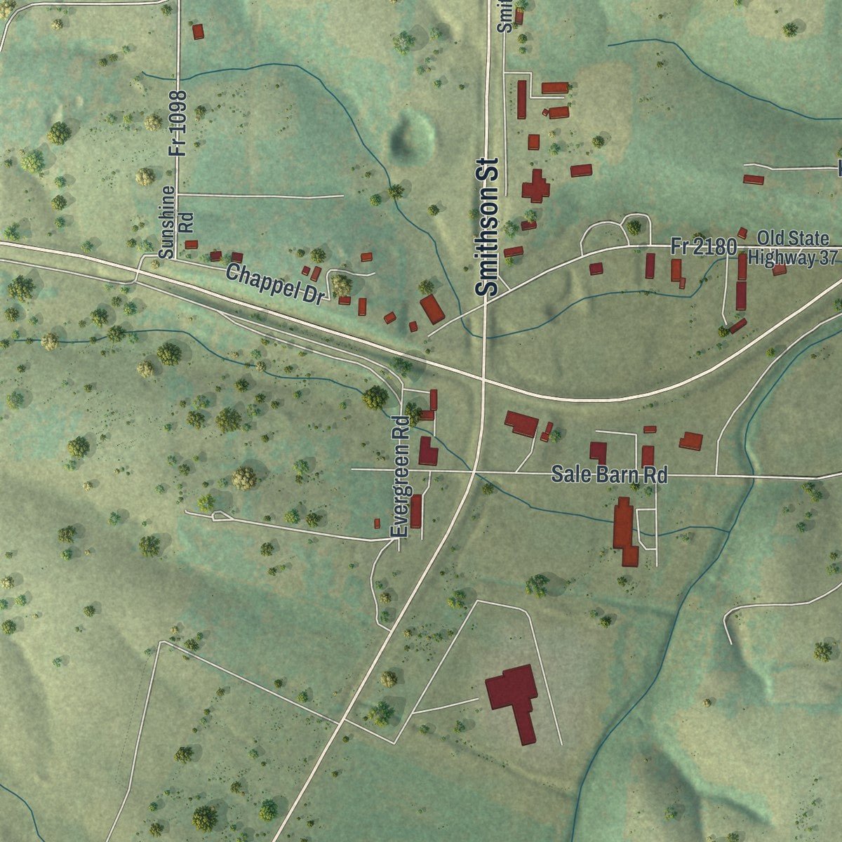 Second close-up of the map of Cassville, Missouri print showing more streets and buildings