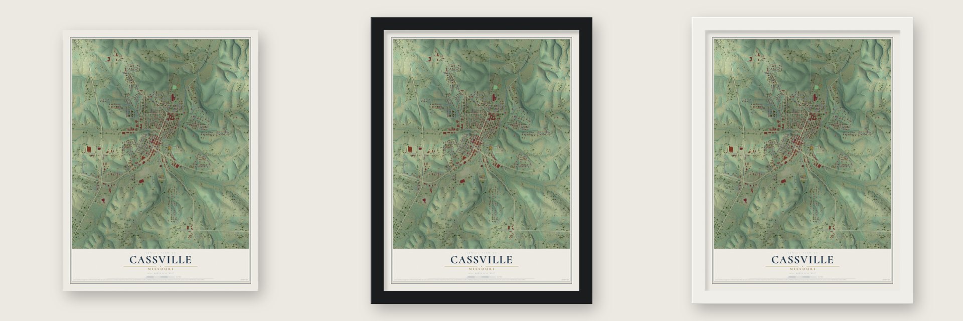 Cassville, Missouri map unframed, in a black wood frame and in a white wood frame