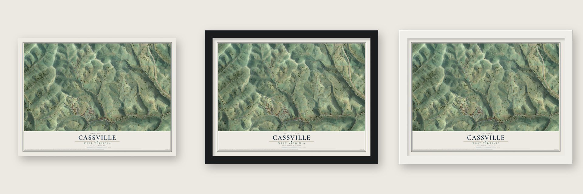 Cassville, West Virginia map unframed, in a black wood frame and in a white wood frame