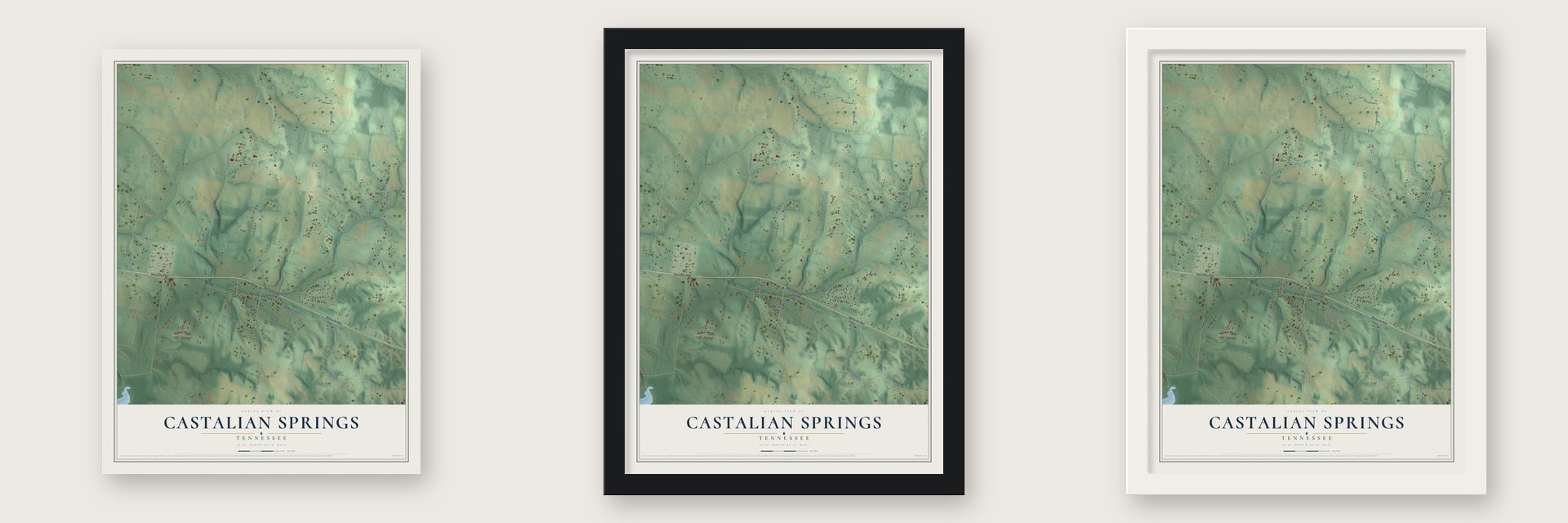 Castalian Springs, Tennessee map unframed, in a black wood frame and in a white wood frame