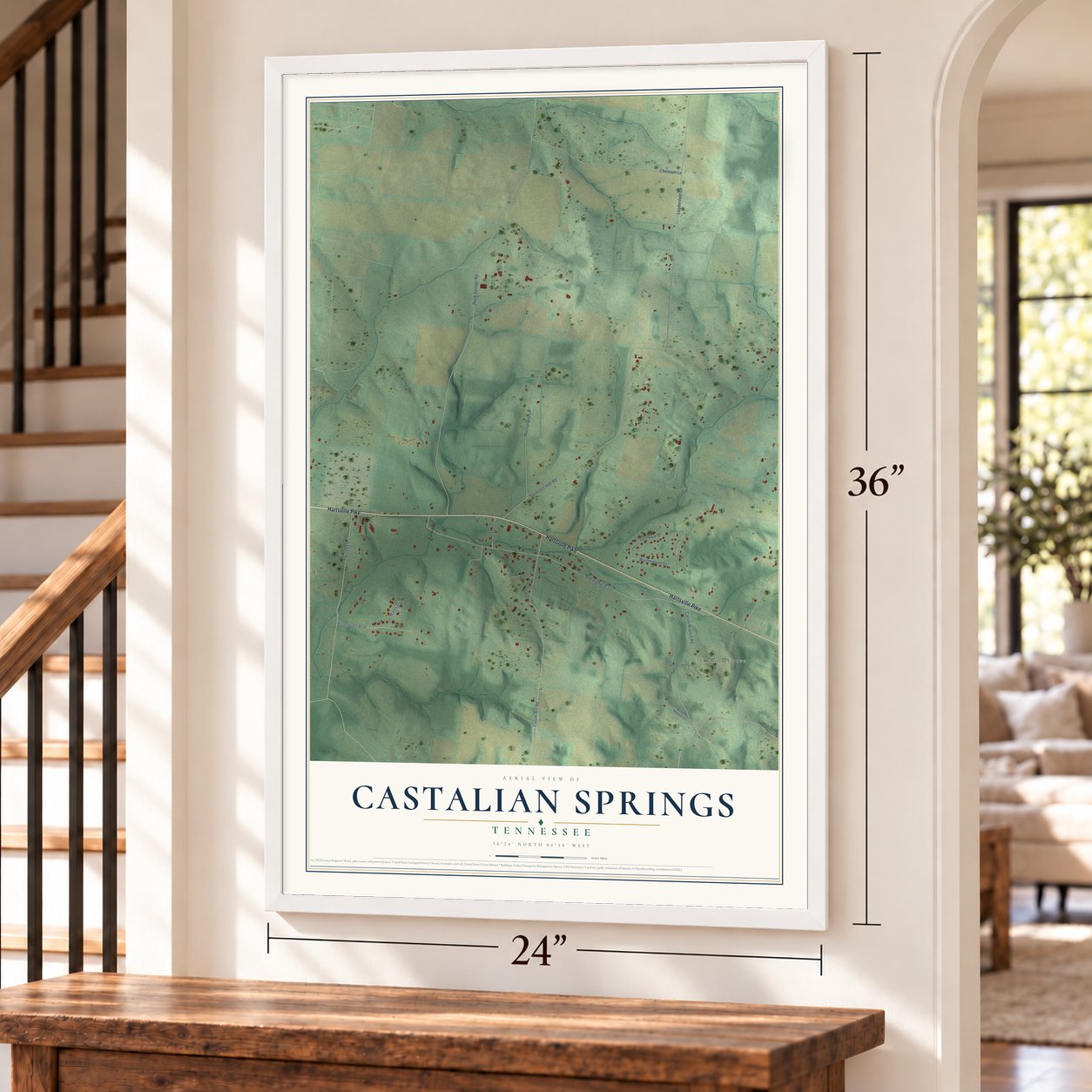 Castalian Springs, Tennessee map, 24 x 36 inch print in a white frame by a staircase