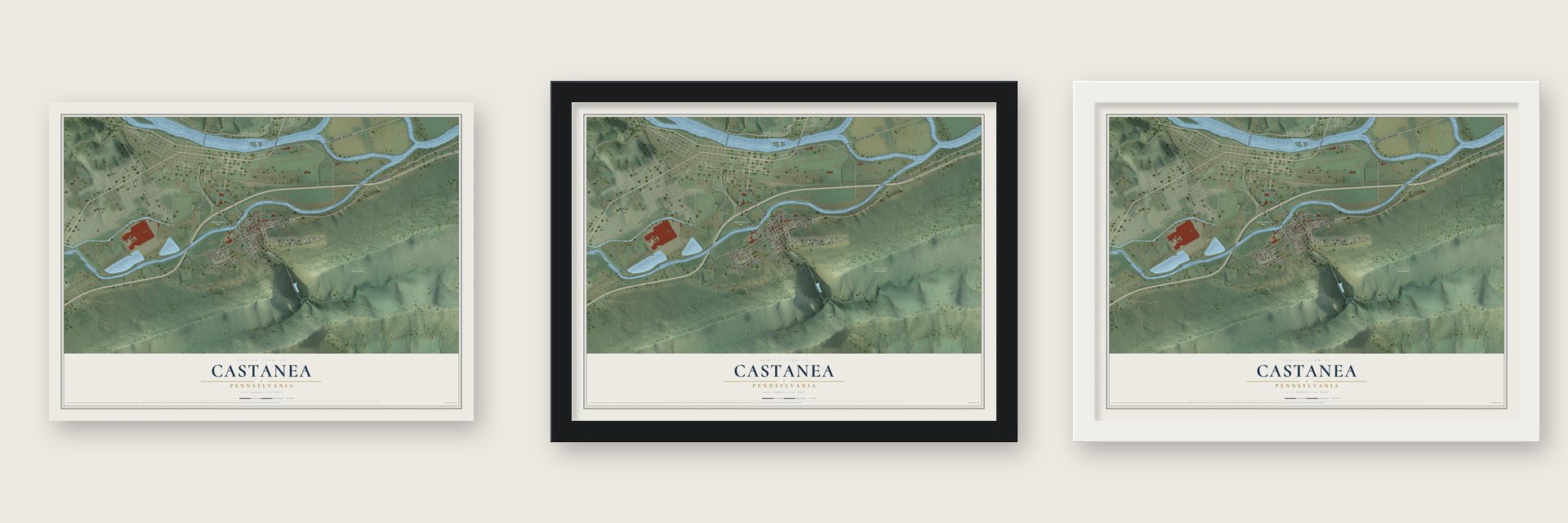 Castanea, Pennsylvania map unframed, in a black wood frame and in a white wood frame