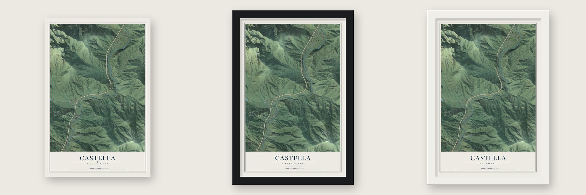 Castella, California map unframed, in a black wood frame and in a white wood frame