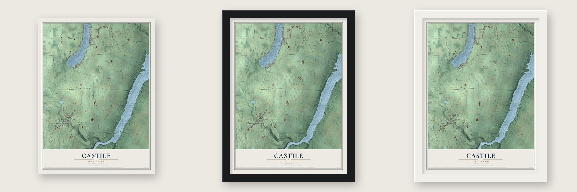 Castile, New York map unframed, in a black wood frame and in a white wood frame