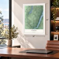 Castile, New York map, 18 x 24 inch print in a white frame in a home office
