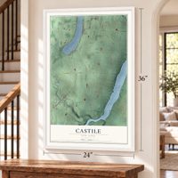 Castile, New York map, 24 x 36 inch print in a white frame by a staircase