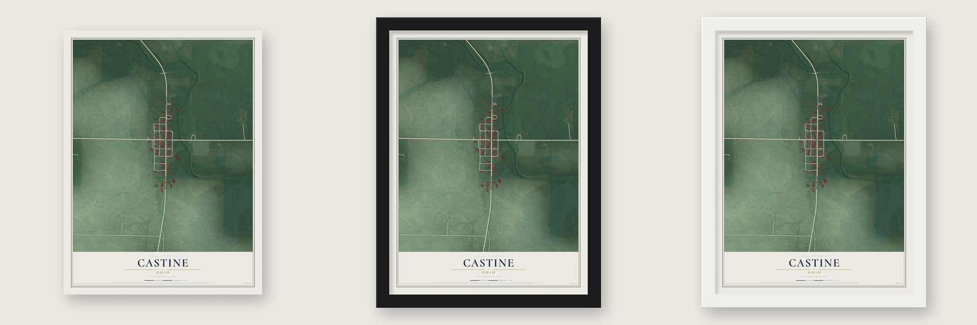 Castine, Ohio map unframed, in a black wood frame and in a white wood frame