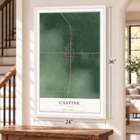 Castine, Ohio map, 24 x 36 inch print in a white frame by a staircase