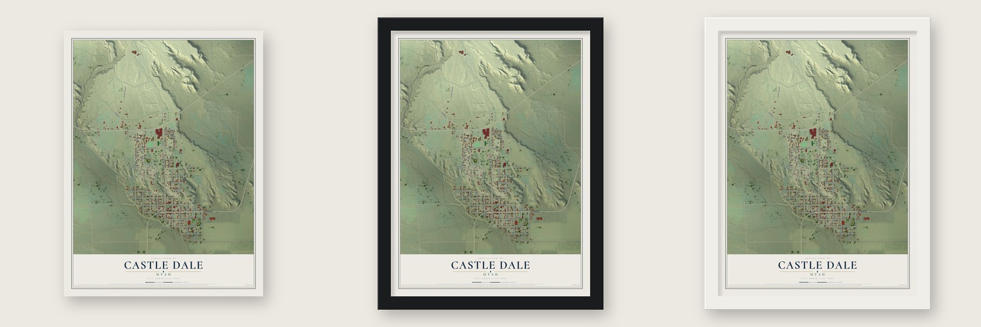 Castle Dale, Utah map unframed, in a black wood frame and in a white wood frame