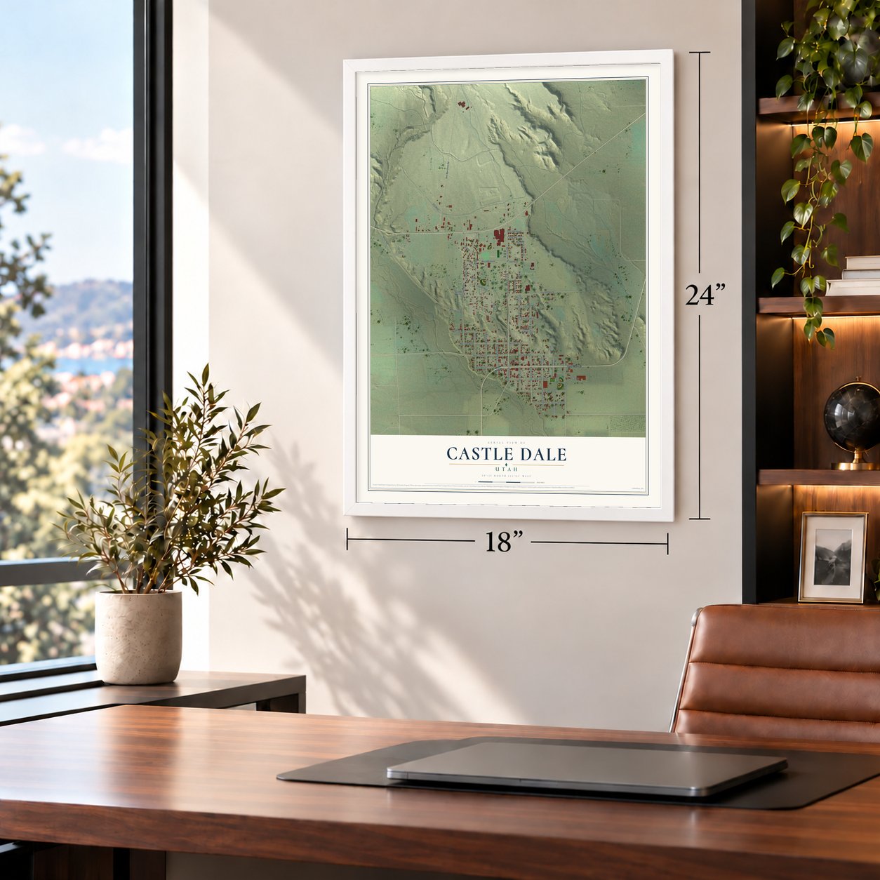Castle Dale, Utah map, 18 x 24 inch print in a white frame in a home office
