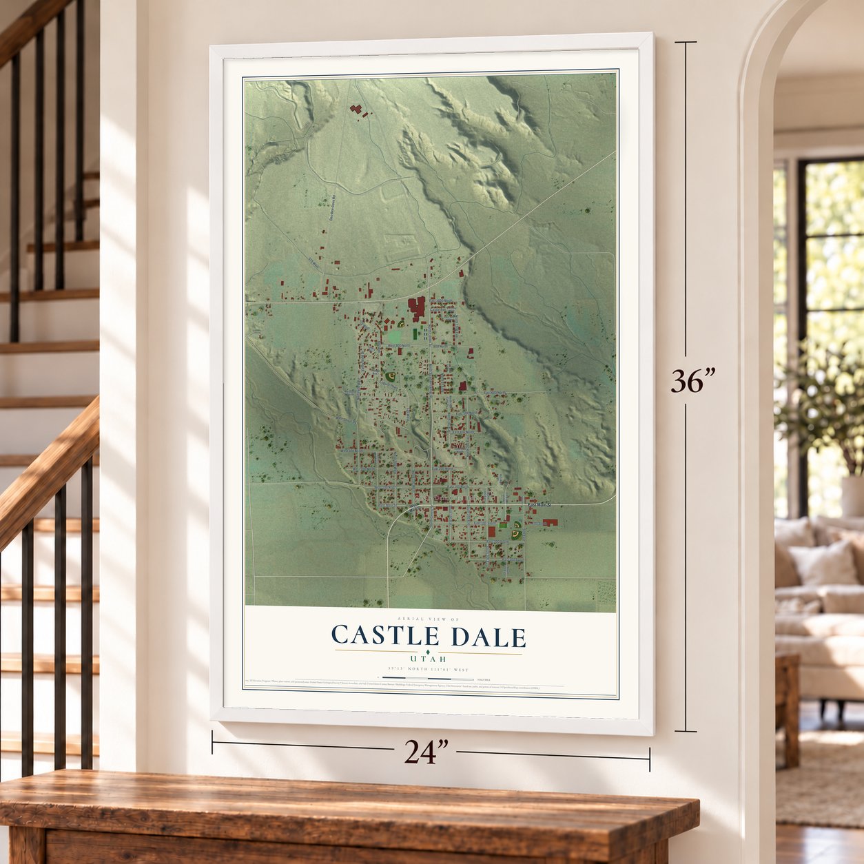 Castle Dale, Utah map, 24 x 36 inch print in a white frame by a staircase