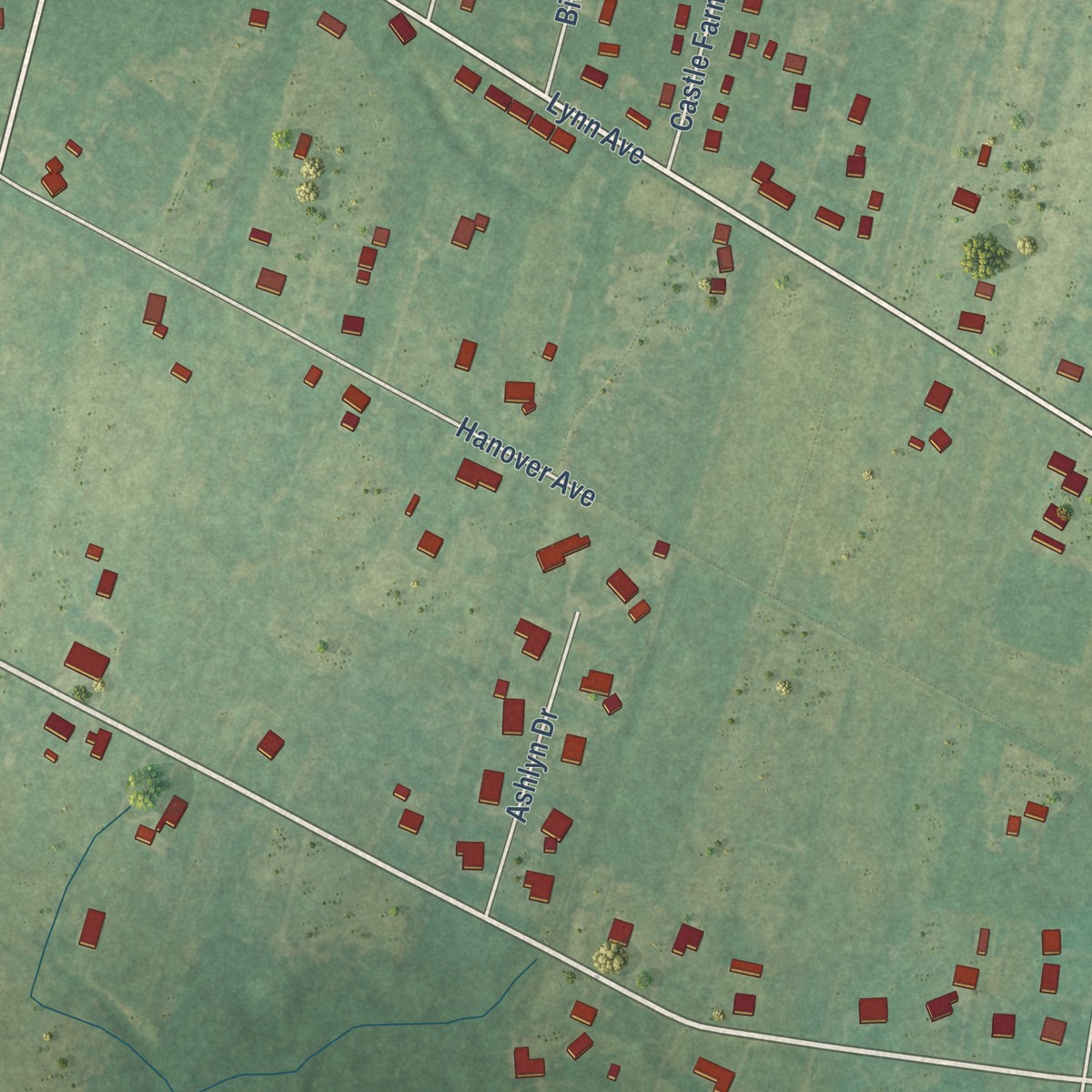 Second close-up of the map of Castle Hayne, North Carolina print showing more streets and buildings