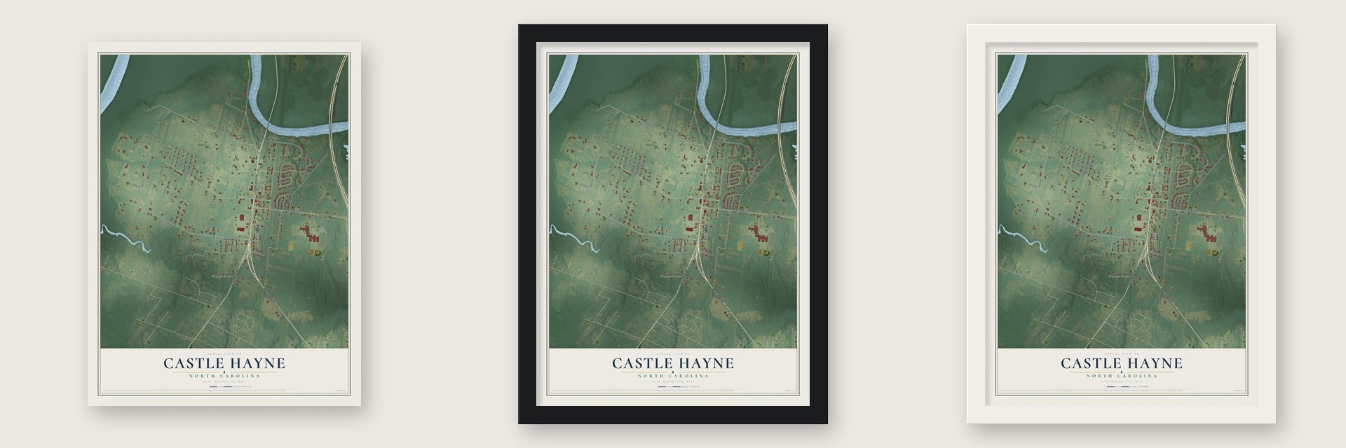 Castle Hayne, North Carolina map unframed, in a black wood frame and in a white wood frame