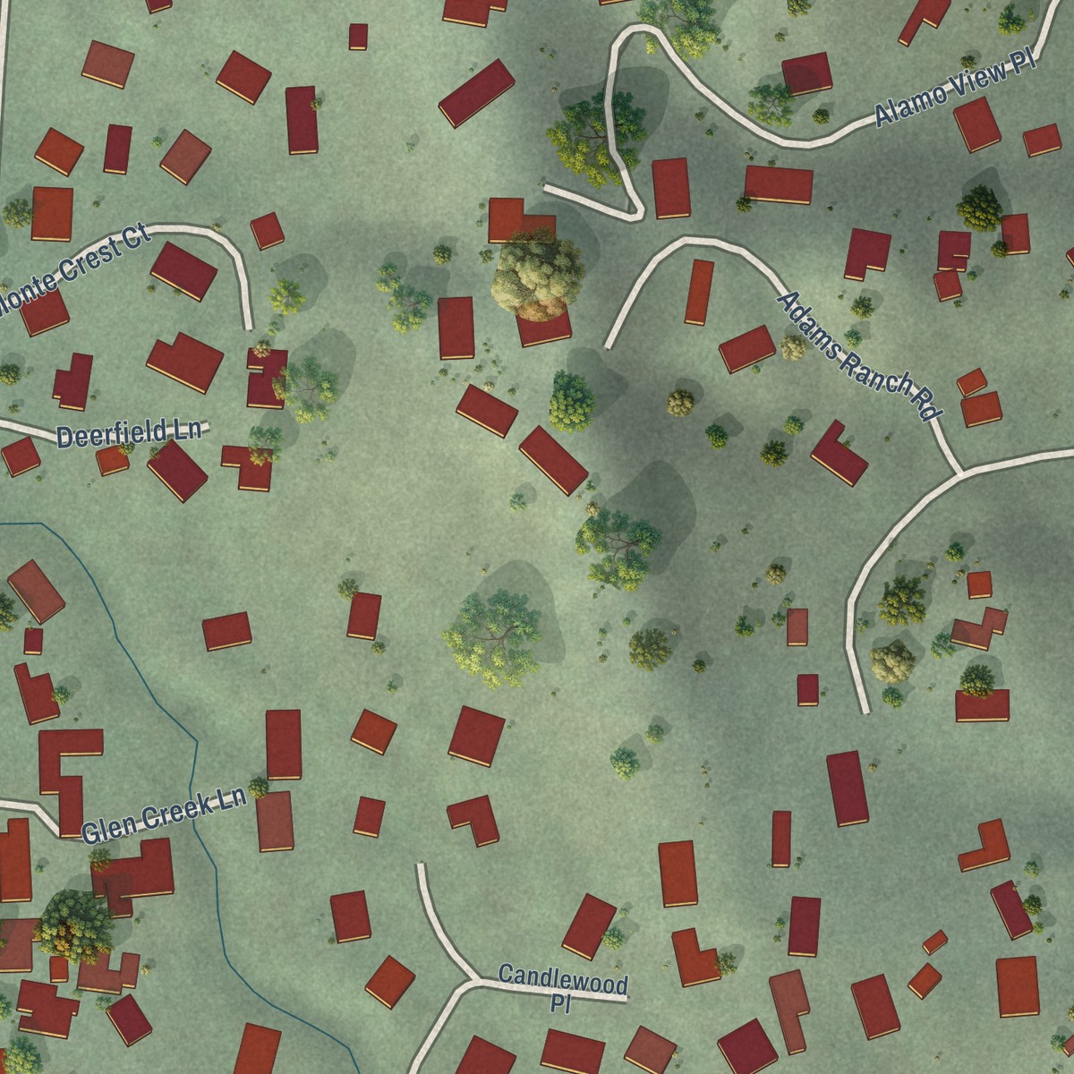 Second close-up of the map of Castle Hill, California print showing more streets and buildings