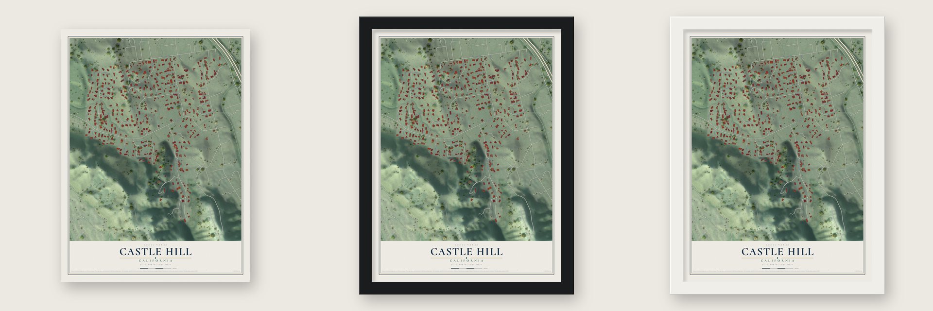 Castle Hill, California map unframed, in a black wood frame and in a white wood frame