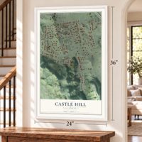Castle Hill, California map, 24 x 36 inch print in a white frame by a staircase
